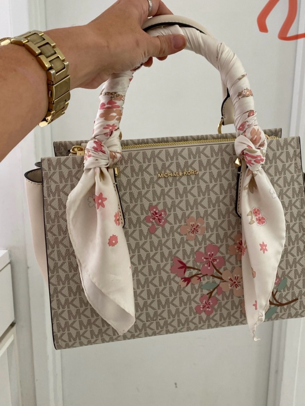Michael Kors Beige MK Logo Satchel with Pink Floral Accents